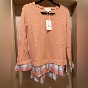Zia Women’s Peach Waffle Knit Layered Hem Top Size Small NEW